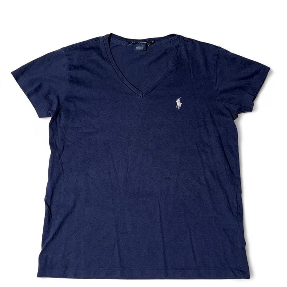 Y2K Women’s Navy Blue Ralph Lauren Sport V-Neck Tee White Pony Size M